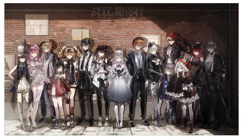 5boys 6+girls absurdres animal_ears ankle_boots anklet armlet asymmetrical_legwear ayla:_kaleido_(punishing:_gray_raven) ayla_(punishing:_gray_raven) bandaged_arm bandaged_torso bandages bandaid bandaid_on_cheek bandaid_on_face bare_arms bare_legs bare_shoulders baseball_cap belt belt_buckle black_bow black_coat black_dress black_eyes black_footwear black_gloves black_hair black_headwear black_jacket black_leggings black_necktie black_pants black_ribbon black_shorts black_socks black_undershirt blonde_hair blue_eyes blue_neckerchief blue_pants blue_shirt blue_surcoat boots bow bowtie breast_tattoo breasts brick_wall brown_coat brown_headwear brown_necktie buckle camera camu:_crocotta_(yaksha_undertow)_(punishing:_gray_raven) camu_(punishing:_gray_raven) center-flap_bangs chenmuo chinese_commentary chrome:_glory_(punishing:_gray_raven) chrome_(punishing:_gray_raven) clock coat collared_jacket collared_shirt commentary copyright_name cross-laced_clothes cross-shaped_pupils cyborg dangle_earrings deer_ears detached_sleeves dog_tags dress earrings elbow_sleeve eyewear_on_head fake_animal_ears fake_horns feathers fedora fingerless_gloves fishnet_top fishnets floral_print frilled_skirt frilled_sleeves frills front-tie_top full_body garter_straps glasses gloves gold_trim gradient_dress gradient_legwear grass grey_eyes grey_hair haicma:_starveil_(fantastical_fellowship)_(punishing:_gray_raven) haicma_(punishing:_gray_raven) hair_between_eyes hair_intakes hair_ornament hair_ribbon hairband hand_in_pocket hand_on_another's_head hand_up hat hat_ornament headphones heart heart_hair_ornament high_heels highres holding holding_camera holstered hood hood_down hood_up hooded_jacket horned_headwear horns jacket jewelry joints key key_necklace knee_pads kneehighs large_breasts layered_dress layered_skirt leaning_forward lee:_palefire_(ivy)_(punishing:_gray_raven) lee_(punishing:_gray_raven) leggings light_blush lineup liv:_eclipse_(tiara)_(punishing:_gray_raven) liv_(punishing:_gray_raven) lock long_hair loose_clothes loose_necktie loose_shirt low-tied_long_hair lucia:_dawn_(holiday_of_eden)_(punishing:_gray_raven) lucia_(punishing:_gray_raven) luna:_laurel_(street_rebellion)_(punishing:_gray_raven) luna_(punishing:_gray_raven) mechanical_arms mechanical_ears mechanical_foot mechanical_legs medium_dress medium_hair metal_boots mismatched_socks mole mole_under_mouth monocle multicolored_hair multiple_belts multiple_boys multiple_girls nanami:_pulse_(punishing:_gray_raven) nanami_(punishing:_gray_raven) neckerchief necklace necktie no.21:_xxi_(red_hoodie)_(punishing:_gray_raven) no.21_(punishing:_gray_raven) noan:_arca_(homecoming)_(punishing:_gray_raven) noan_(punishing:_gray_raven) noctis_(punishing:_gray_raven) off_shoulder official_alternate_costume one_eye_closed open_clothes open_coat open_jacket open_mouth own_hands_together oxfords padlock padlocked_collar panda_hair_ornament panda_ornament pants pantyhose parted_bangs pavement pink_bow pink_bowtie pink_hair pink_ribbon pink_shorts pink_trim pom_pom_(clothes) poster_(object) puffy_pants pulao:_dragontoll_(dragonwood)_(punishing:_gray_raven) pulao_(punishing:_gray_raven) punishing:_gray_raven purple_dress purple_eyes qu:_pavo_(flawless_tempo)_(punishing:_gray_raven) qu_(punishing:_gray_raven) radio_antenna rectangular_eyewear red_bow red_dress red_eyes red_hair red_hood red_socks ribbon robot_joints roller_shoes round_eyewear sailor_collar sailor_dress scar scar_on_cheek scar_on_face shako_cap shirt shirt_bow shoes short_dress short_hair_with_long_locks shorts single_horn single_knee_pad single_mechanical_arm single_sock skindentation skirt sleeveless sleeveless_dress sleeves_past_fingers sleeves_past_wrists small_breasts smile socks spiked_armlet spiked_footwear spiked_gloves spiked_hair spiked_jacket standing stomach_tattoo straight_hair streaked_hair sunglasses surcoat suspenders sweater_vest symbol-shaped_pupils tassel tattoo thigh_boots thigh_strap thighs tiara tie_clip tilted_headwear toned toned_male top_hat trench_coat twintails two-sided_fabric two_side_up underbust vera:_rozen_(night_fever)_(punishing:_gray_raven) vera_(punishing:_gray_raven) very_long_hair very_long_sleeves water_pipe wheel white_dress white_footwear white_hair white_headwear white_jacket white_pantyhose white_socks white_sweater_vest yellow_eyes