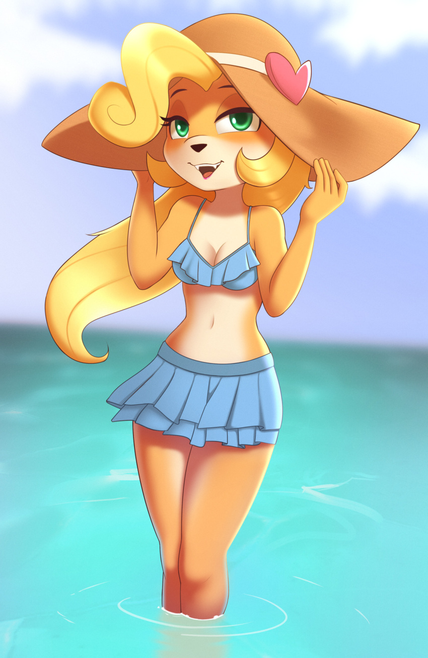 2023 absurd_res activision anthro bandicoot beach bikini blonde_hair bottomwear breasts cleavage clothed clothing cloud coco_bandicoot crash_bandicoot_(series) female frilly frilly_clothing hair hat headgear headwear hi_res kobradraws long_hair mammal marsupial navel open_mouth outside seaside smile solo sun_hat swimwear topwear water