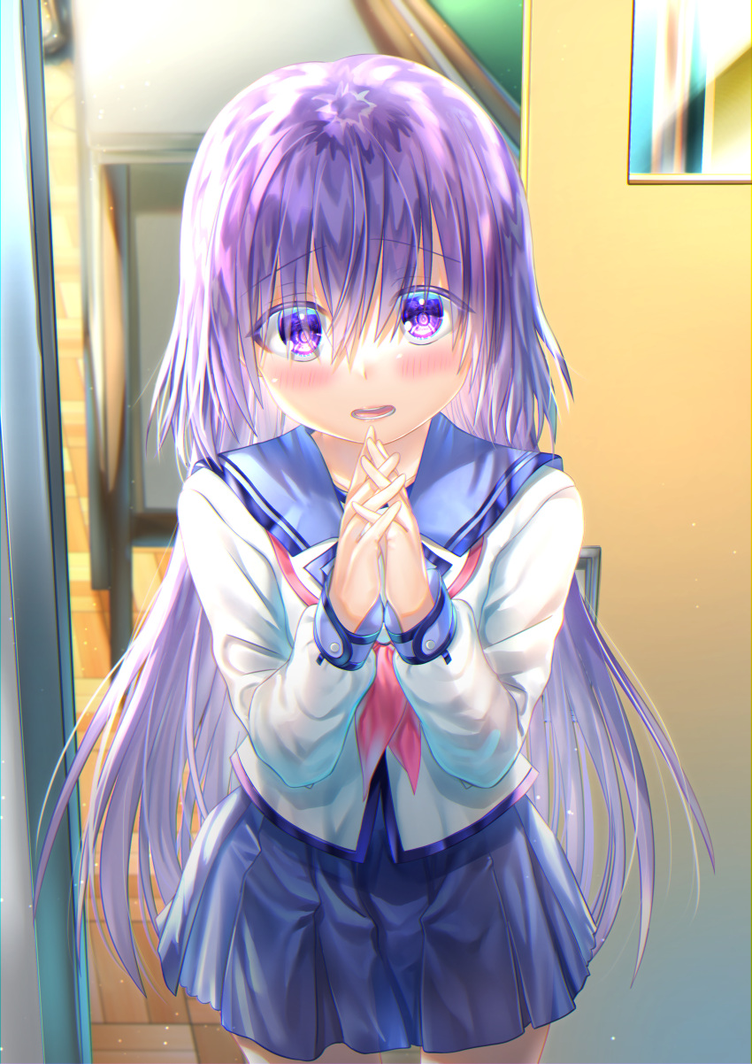1girl absurdres angel_beats! backlighting blue_sailor_collar blue_skirt blush classroom colored_eyelashes commentary_request cowboy_shot day eyes_visible_through_hair hair_between_eyes hands_up highres interlocked_fingers irie_miyuki lips long_hair long_sleeves looking_at_viewer miniskirt neckerchief open_mouth own_hands_together partial_commentary pink_neckerchief pleated_skirt pov purple_eyes purple_hair sailor_collar shinda_sekai_sensen_uniform shirt shy skirt solo standing straight-on straight_hair teeth upturned_eyes very_long_hair white_shirt zuzuhashi