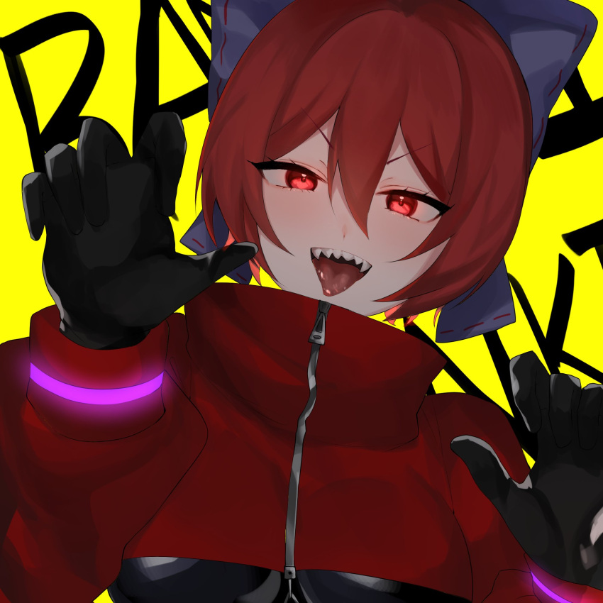 1girl adapted_costume black_gloves blue_bow bow claw_pose gao gloves glowing glowing_eyes hair_between_eyes hair_bow high_collar highres long_sleeves looking_at_viewer majime_joe red_eyes red_hair sekibanki sharp_teeth short_hair solo teeth tongue tongue_out touhou upper_body v-shaped_eyebrows yellow_background