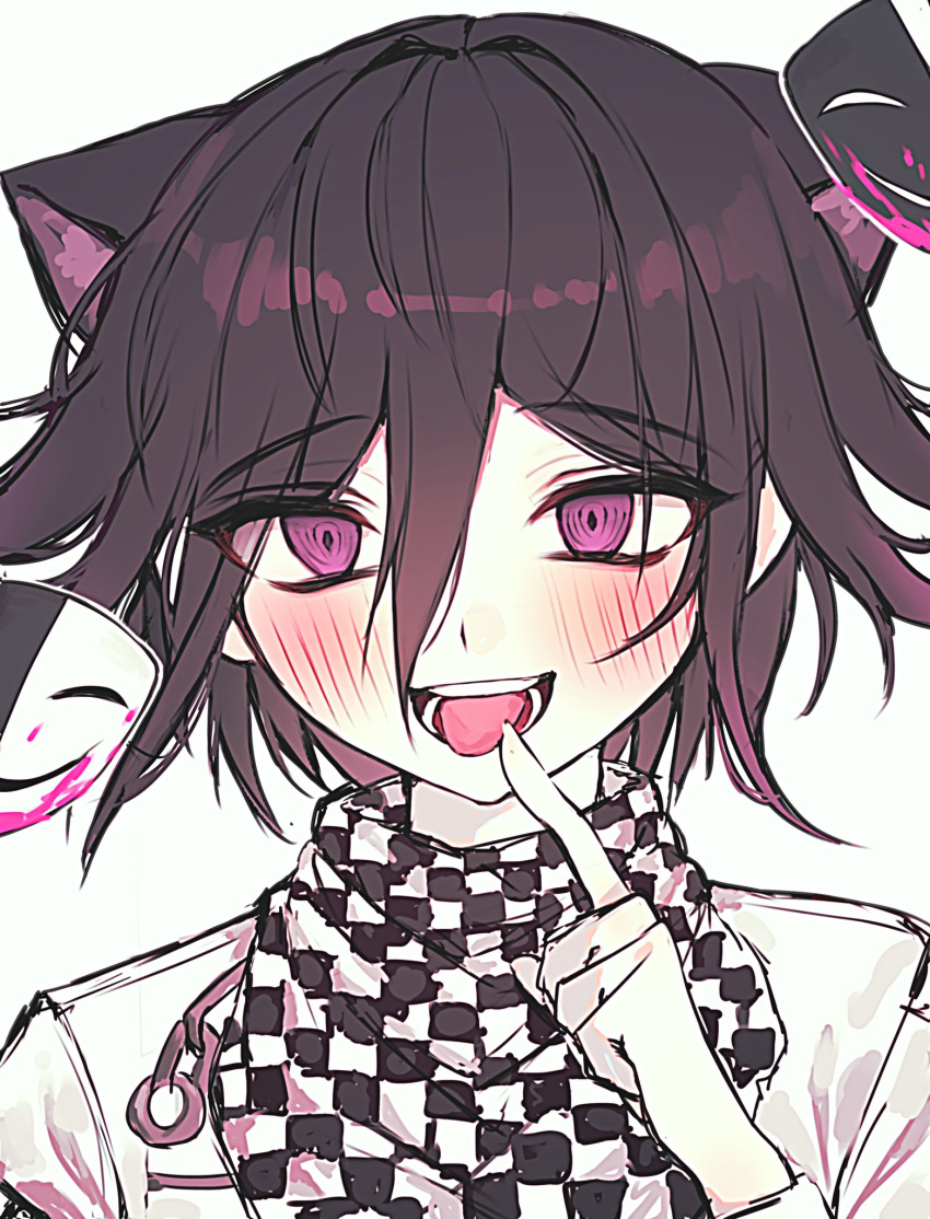 1boy animal_ears black_hair blood blush cat_ears checkered_clothes checkered_scarf danganronpa_(series) danganronpa_v3:_killing_harmony grey_background hair_between_eyes hair_intakes hand_up highres index_finger_raised male_focus mask medium_hair ouma_kokichi pink_blood pink_eyes qing_yue scarf simple_background smile solo teeth tongue tongue_out white_background