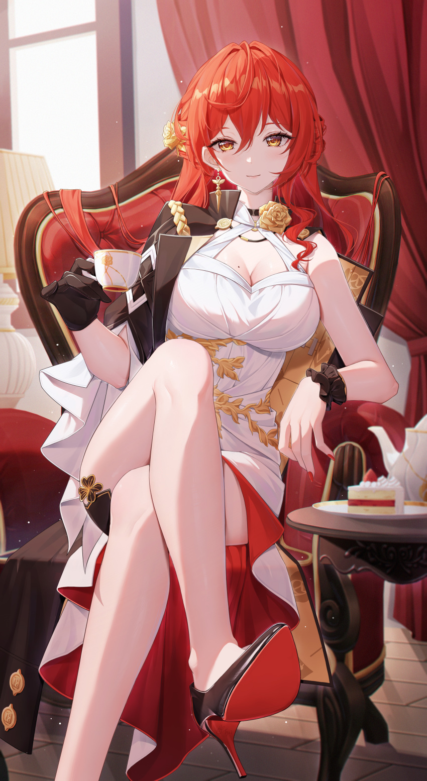 1girl absurdres black_footwear black_jacket breasts cake chair choker cleavage closed_mouth commentary_request crossed_legs cup curtains dress earrings flower flower_choker food foot_out_of_frame gloves hair_flower hair_ornament high_heels highres himeko_(honkai:_star_rail) holding holding_cup honkai:_star_rail honkai_(series) jacket jacket_partially_removed jewelry lamp long_hair looking_at_viewer mole mole_on_breast nail_polish orange_eyes plate red_footwear red_hair red_nails single_bare_shoulder single_earring single_glove single_wrist_cuff sitting sleeveless sleeveless_dress smile solo table teacup teapot tujiu_sama two-tone_footwear white_dress wrist_cuffs yellow_flower