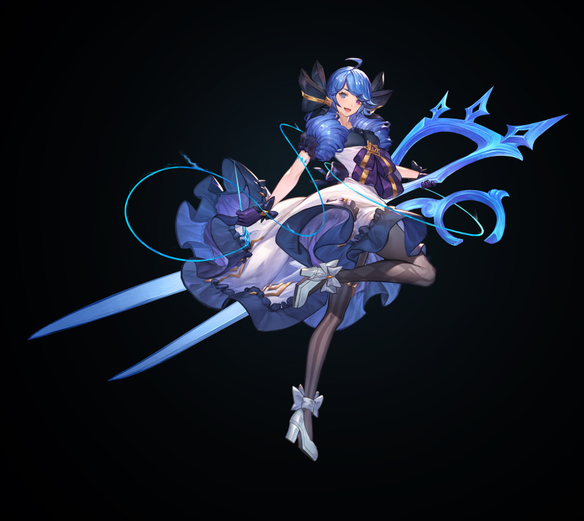 1girl absurdres ahoge asdyindsa black_bow black_dress blue_hair bow breasts brown_pantyhose dress drill_hair foot_up gloves gradient_background grey_dress gwen_(league_of_legends) hair_bow high_heels highres holding holding_scissors holding_sewing_needle league_of_legends long_hair looking_at_viewer medium_breasts pantyhose puffy_short_sleeves puffy_sleeves purple_gloves scissors short_sleeves smile solo striped striped_pantyhose swept_bangs twin_drills twintails white_footwear
