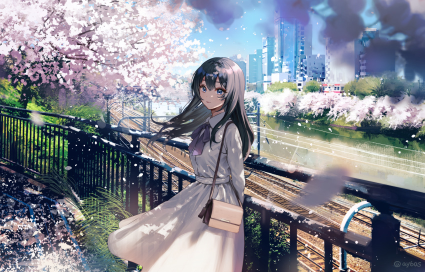 1girl arms_behind_back ay6as bag black_hair blue_sky blurry building cherry_blossoms cherry_tree city closed_mouth collared_dress commentary_request day depth_of_field dress floating_hair hair_between_eyes handbag highres lips long_hair looking_at_viewer original outdoors overhead_line purple_eyes railing railroad_tracks scenery sky skyscraper smile solo standing tree white_dress