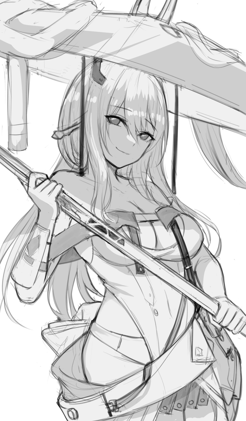 1girl absurdres armor bare_shoulders breasts cleavage clothing_cutout collarbone goddess_of_victory:_nikke greyscale hair_between_eyes hat highres hip_bones holding holding_sword holding_weapon japanese_armor jingasa kote kurone_rinka large_hat leotard long_hair looking_at_viewer medium_breasts monochrome scarlet_(nikke) sheath sidelocks simple_background sketch smile solo sword unfinished weapon white_background