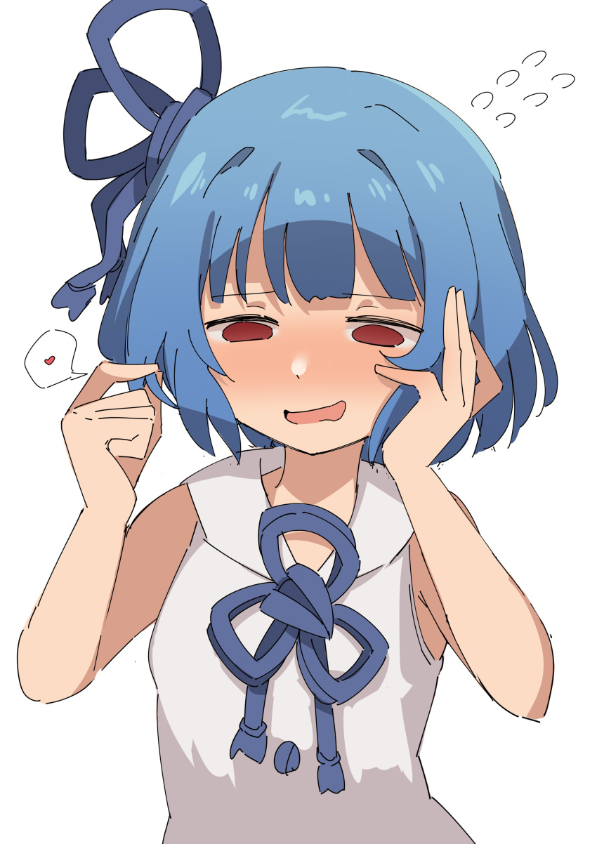 1girl absurdres alternate_hair_length alternate_hairstyle armpit_crease blue_hair blush bob_cut collared_dress dress embarrassed flower_knot flying_sweatdrops hair_ribbon half-closed_eyes hand_on_own_cheek hand_on_own_face hands_up heart highres kashisuover kotonoha_aoi nervous_smile no_detached_sleeves no_pupils nose_blush open_mouth playing_with_own_hair red_eyes ribbon short_hair simple_background sleeveless sleeveless_dress smile solo spoken_heart upper_body voiceroid white_background white_dress