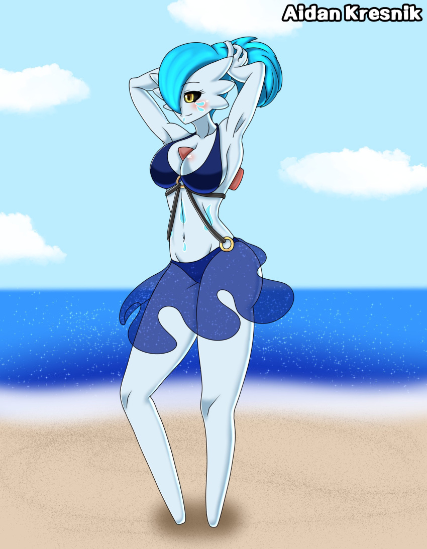 2021 aidan_kresnik beach black_sclera blue_hair clothing facial_markings featureless_feet gardevoir generation_3_pokemon hair hair_over_eye head_markings hi_res humanoid markings midriff navel nintendo not_furry one_eye_obstructed orange_eyes pokemon pokemon_(species) ponytail raised_arms sand seashore seaside shiny_pokemon signature swimwear