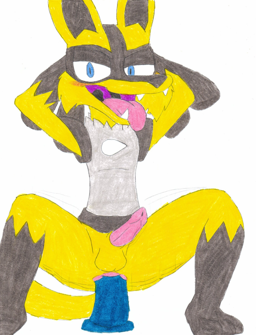 2023 anal anal_masturbation anal_penetration anthro anthrofied anus balls bedroom_eyes blue_eyes blush butt canid canine canis colored_pencil_(artwork) crouching dildo dildo_in_ass dildo_insertion dildo_sitting erection fur generation_4_pokemon genitals grey_body grey_fur half-closed_eyes hands_behind_head hi_res humanoid_genitalia humanoid_penis looking_at_viewer lucario male male_focus mammal masturbation motion_lines mustard_(lucario) narrowed_eyes nintendo nude object_in_ass open_mouth penetration penis pokemon pokemon_(species) pokemorph seductive sex_toy sex_toy_in_ass sex_toy_insertion simple_background smile solo solo_focus spread_legs spreading squat_position squatting_pose tail tongue tongue_out toying_self traditional_media_(artwork) ultimatepokemorphs yellow_body yellow_fur