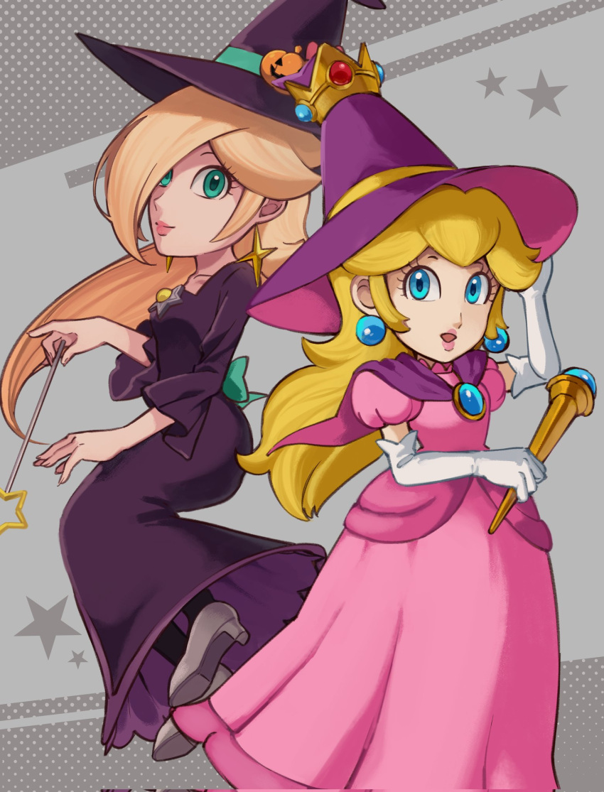 2girls back_bow blonde_hair blue_eyes bow brooch capelet crown dress earrings elbow_gloves eyelashes floating gloves hair_over_one_eye hat highres holding holding_wand jack-o'-lantern_hat_ornament jewelry long_hair looking_at_viewer mario_(series) mario_kart mario_kart_tour multiple_girls official_alternate_costume pink_dress princess_peach princess_peach_(halloween) puffy_short_sleeves puffy_sleeves purple_dress purple_headwear rosalina rosalina_(halloween) sasaki_sakiko short_sleeves smile star_(symbol) star_brooch star_earrings wand white_gloves witch_hat