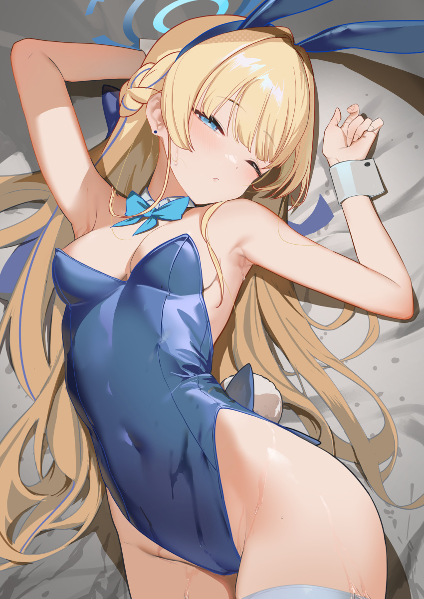 1girl animal_ears arm_up armpits blonde_hair blue_archive blue_bow blue_bowtie blue_eyes blue_hairband blue_leotard bow bowtie braid breasts detached_collar ear_piercing fake_animal_ears french_braid groin hairband half-closed_eyes halo highleg highleg_leotard highres leotard long_hair lying nuda on_back one_eye_closed parted_lips piercing playboy_bunny rabbit_ears rabbit_tail revision small_breasts solo sweat tail toki_(blue_archive) toki_(bunny)_(blue_archive) very_long_hair wrist_cuffs