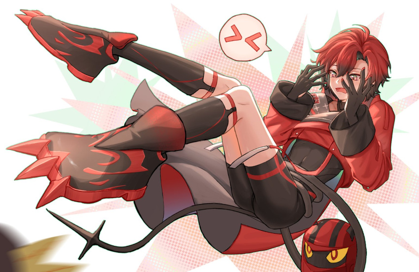 &gt;_&lt; 1boy androgynous ass axelotl_(axel_syrios) black_gloves black_hair black_socks blush bodysuit clawed_boots covering_face cropped_jacket embarrassed foreshortening full_body gloves holostars holostars_english kneehighs legs_up lifted_by_another machina_x_flayon male_focus mascot motion_blur open_mouth otoko_no_ko red_hair short_hair simple_background skin_tight socks solo_focus speech_bubble tail tearing_up virtual_youtuber wuji_g