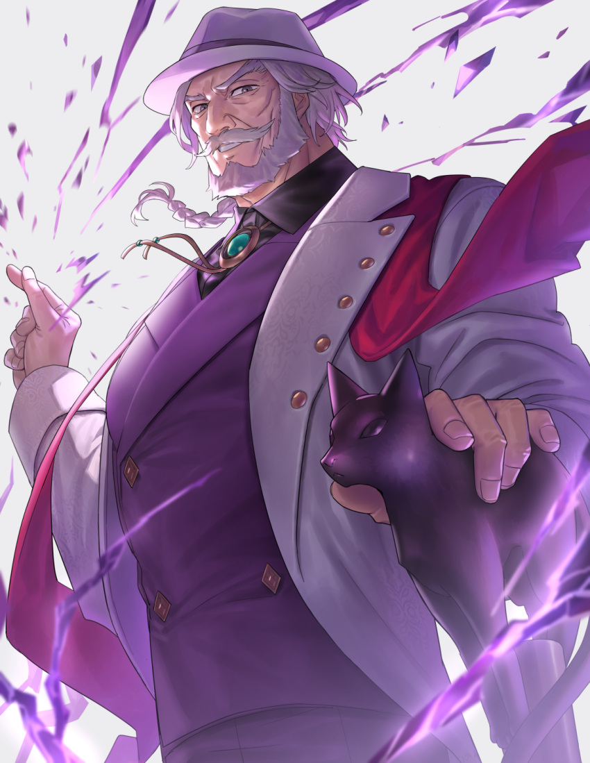 1boy bad_link beard braid buttons cane character_request check_character chorefuji collared_shirt energy facial_hair finger_heart floating_hair from_below furrowed_brow gem green_gemstone grey_hair grin hand_up hat highres holding holding_cane jp_(street_fighter) long_sleeves looking_down male_focus mustache purple_vest red_scarf scarf shirt smile solo street_fighter teeth vest white_background