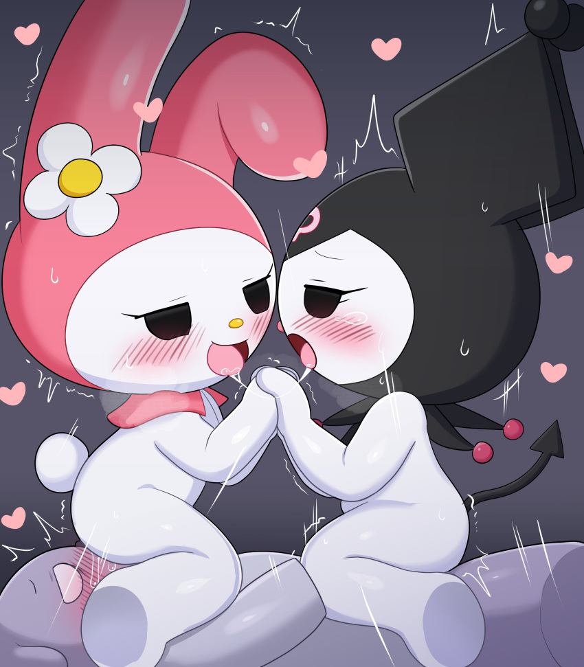 &lt;3 0227 2023 7:8 absurd_res anthro baku_(sanrio) blush bodily_fluids cunnilingus demon eyelashes female flower_accessory genital_fluids grey_background group group_sex hand_holding hi_res hood hybrid kuromi lagomorph leporid male male/female mammal my_melody onegai_my_melody oral purple_body pussy_juice rabbit saliva saliva_string sanrio sex shaking simple_background spade_tail sweat tail tapir threesome trembling trio vaginal white_body