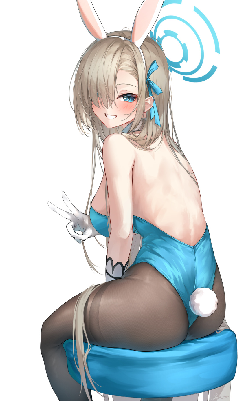 1girl absurdres animal_ears ass asuna_(blue_archive) asuna_(bunny)_(blue_archive) back bare_shoulders black_pantyhose blue_archive blue_eyes blue_halo blue_leotard blue_ribbon breasts brown_hair eyes_visible_through_hair fake_animal_ears fake_tail from_behind gloves hair_over_one_eye hair_ribbon halo highres large_breasts leotard long_hair looking_at_viewer official_alternate_costume pantyhose rabbit_ears rabbit_tail rei_(9086) ribbon simple_background sitting smile solo tail v very_long_hair white_background white_gloves