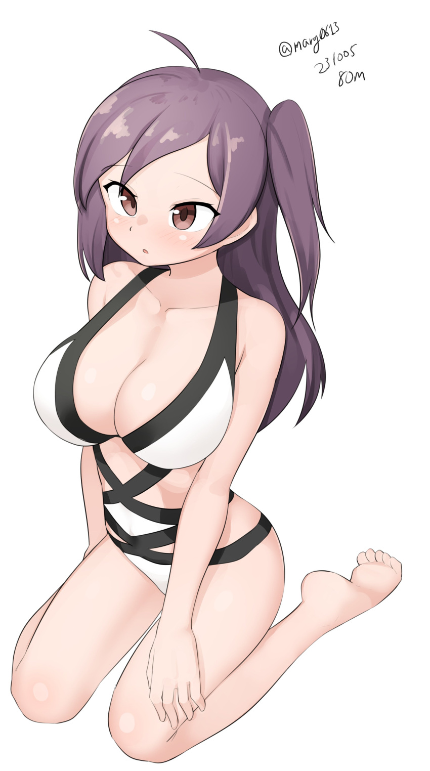 1girl absurdres ahoge brown_hair casual_one-piece_swimsuit hagikaze_(kancolle) highres kantai_collection long_hair maru_(marg0613) one-hour_drawing_challenge one-piece_swimsuit one_side_up purple_hair simple_background sitting solo swimsuit two-tone_swimsuit wariza white_background white_one-piece_swimsuit