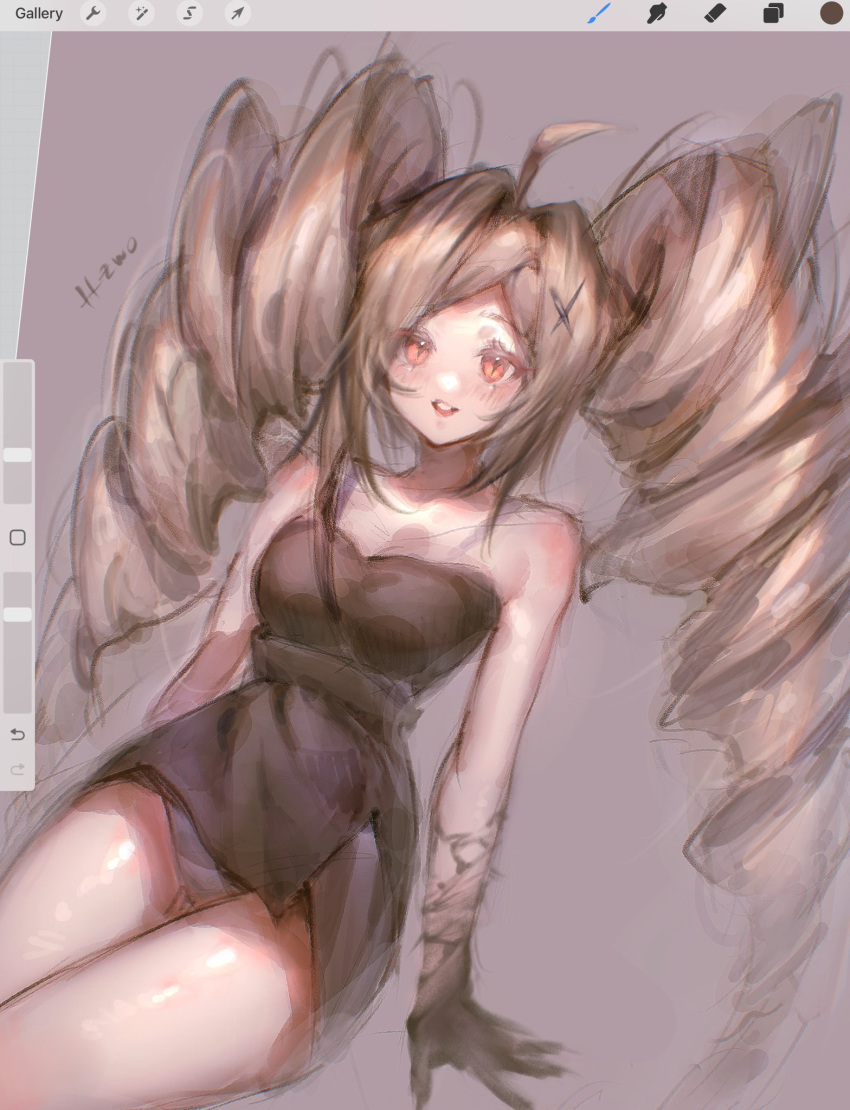1girl artist_name black_dress black_gloves blue_panties breasts brown_eyes collarbone cowlick dress drill_hair gloves grey_background hair_intakes highres long_hair looking_at_viewer medium_breasts original panties parted_lips procreate_(medium) procreate_(software) purple_background screenshot sitting smile solo ttzewo twin_drills underwear unfinished very_long_hair