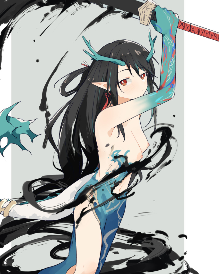 arknights arm_tattoo arm_up black_hair breasts bright_pupils cleavage coldcat. colored_skin cowboy_shot dragon_girl dragon_horns dragon_tail dress dusk_(arknights) earrings flame-tipped_tail green_dress green_skin grey_background highres holding holding_sword holding_weapon horns ink jewelry long_hair looking_at_viewer medium_breasts multicolored_hair navel nipples pointy_ears red_eyes simple_background single_hair_ring streaked_hair sword tail tassel tassel_earrings tattoo torn_clothes torn_dress very_long_hair weapon white_pupils
