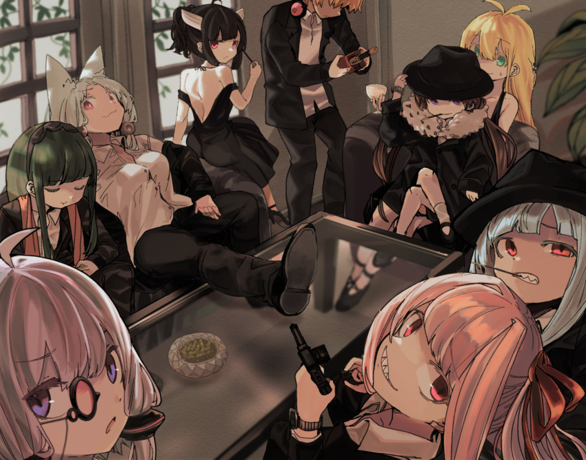 1boy 6+girls :3 ahoge alternate_costume alternate_hairstyle animal_ears antenna_hair arm_support armchair bare_back black_dress black_jacket blade blazer blonde_hair blue_hair blunt_bangs box breasts brown_hair chair cleavage closed_eyes collared_shirt commentary couch crossed_legs dress dress_shirt elbow_rest expressionless fedora feet_on_table food fox_ears fox_girl fur_collar furrowed_brow gangster glass_table green_eyes green_hair grin gun hair_ribbon hairband hand_on_headwear hat headgear headphones headphones_around_neck high_heels highres holding holding_box holding_food holding_gun holding_pocky holding_weapon indoors jacket jacket_partially_removed kotonoha_akane kotonoha_aoi light_purple_hair long_hair long_sleeves looking_at_viewer looking_back loose_socks low_twintails mary_janes minase_kou monocle mouth_hold multiple_girls off-shoulder_dress off_shoulder on_chair on_couch pea_pod pink_hair plant pocky popped_collar potted_plant purple_eyes raised_eyebrows reclining red_eyes red_ribbon reloading revolver ribbon sharp_teeth shirt shoes short_hair short_ponytail siblings sidelocks sisters sitting sitting_on_lap sitting_on_person siwasunohige sleeveless sleeveless_dress smile smirk socks spaghetti_strap standing stole strappy_heels sweatdrop table teeth touhoku_itako touhoku_kiritan touhoku_zunko tsukuyomi_ai tsurumaki_maki twintails uneven_eyes vocaloid voiceroid watch weapon white_shirt white_socks window wristwatch yuzuki_yukari