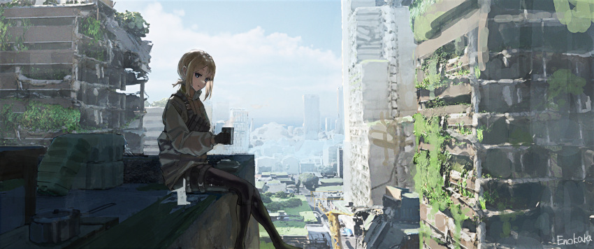 1girl absurdres artist_name black_gloves black_pantyhose brown_hair building city cup enokata feet_out_of_frame gloves highres holding holding_cup looking_at_viewer medium_hair outdoors pantyhose rooftop sitting skyscraper solo usuzumi_no_hate
