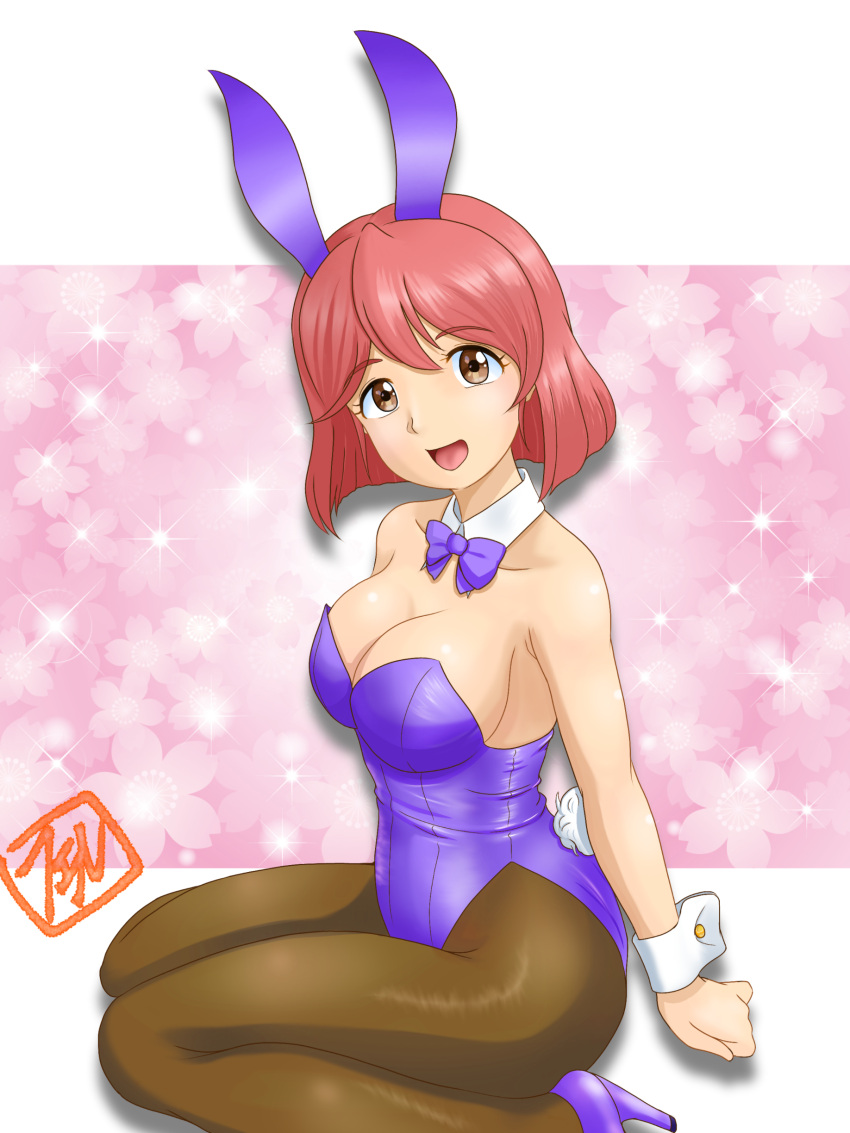 1girl absurdres animal_ears artist_logo bow bowtie breasts brown_eyes brown_pantyhose cleavage commentary_request detached_collar felniam highres kneeling large_breasts leotard looking_at_viewer original pantyhose playboy_bunny purple_bow purple_bowtie purple_leotard rabbit_ears rabbit_tail red_hair short_hair solo strapless strapless_leotard tail wrist_cuffs