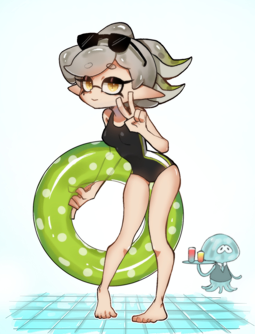 +_+ 1girl bare_legs barefoot black_one-piece_swimsuit breasts full_body grey_hair hand_up highres holding holding_tray innertube leaning_forward looking_at_viewer m4ymask marie_(splatoon) medium_breasts medium_hair mole mole_under_eye one-piece_swimsuit pointy_ears smile solo_focus splatoon_(series) splatoon_1 standing sunglasses swimsuit tentacle_hair tile_floor tiles tray v yellow_eyes