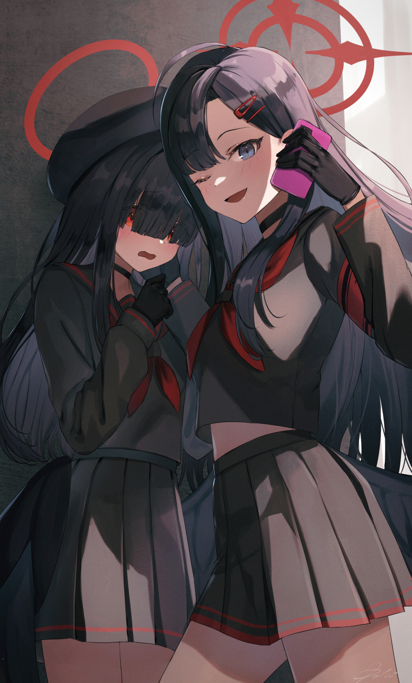 2girls ;d absurdres armband asymmetrical_bangs black_choker black_gloves black_hair black_serafuku black_wings blue_archive blunt_bangs blush cellphone choker dolce_(dolsuke) feathered_wings gloves hair_over_eyes halo highres holding holding_phone ichika_(blue_archive) justice_task_force_member_(blue_archive) long_bangs long_hair long_sleeves looking_at_viewer midriff_peek multiple_girls neckerchief one_eye_closed phone pleated_skirt red_armband red_eyes red_halo red_neckerchief school_uniform serafuku skirt smile straight_hair very_long_hair wings