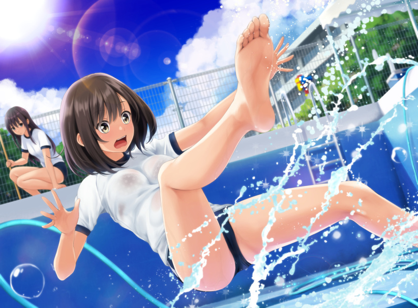 2girls ass barefoot black_bra black_hair blue_buruma blue_sky bra bra_visible_through_clothes breasts brown_eyes buruma cloud cloudy_sky commentary_request cooler day empty_pool feet fence gym_uniform hair_between_eyes hose medium_breasts multiple_girls nonaka_ritsu open_mouth original outdoors pool pool_ladder shirt short_sleeves sky slipping soles solo_focus squatting toes underwear water wet wet_clothes wet_shirt white_shirt