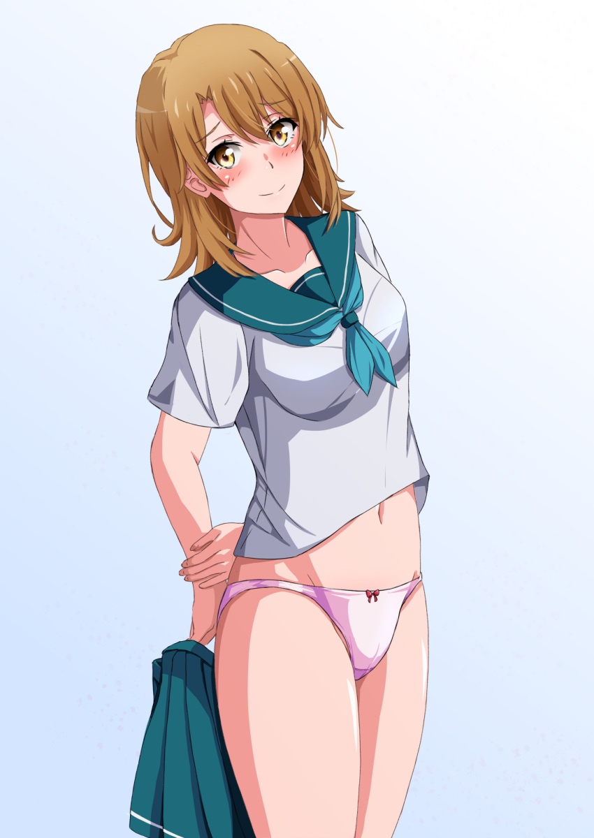 1girl aqua_neckerchief blush bow bow_panties breasts brown_hair closed_mouth collarbone commentary_request gradient_background green_sailor_collar green_skirt highres holding holding_clothes holding_skirt isshiki_iroha konoyan looking_at_viewer medium_breasts medium_hair navel neckerchief panties pink_panties sailor_collar school_uniform serafuku short_sleeves skirt skirt_removed smile solo standing summer_uniform underwear white_background yahari_ore_no_seishun_lovecome_wa_machigatteiru. yellow_eyes