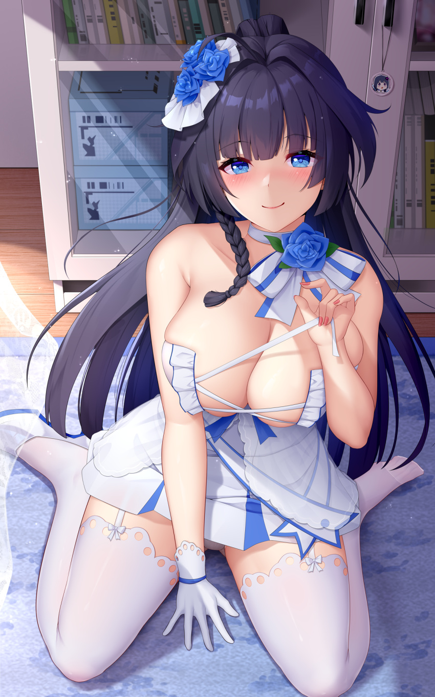 1girl arm_between_legs black_hair blue_eyes blue_flower blue_rose blush bookshelf braid breasts choker cleavage closed_mouth commentary_request curtains dress flower gloves hair_flower hair_ornament high_heels highres honkai_(series) honkai_impact_3rd indoors large_breasts long_hair looking_at_viewer lrh0123 raiden_mei rose rug sitting smile solo strap_pull sunlight thighhighs wariza white_choker white_dress white_footwear white_gloves white_thighhighs wooden_floor