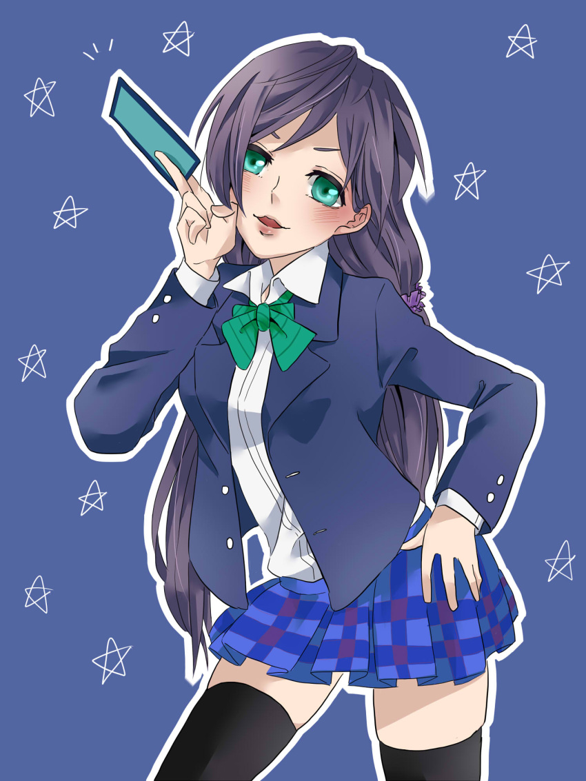 1girl black_thighhighs blazer blue_bow blue_jacket blush bow bowtie card collared_shirt commentary_request dress_shirt green_bow green_bowtie green_eyes hair_behind_ear hair_ornament hair_scrunchie hand_on_own_hip highres holding holding_card jacket kashikaze long_hair long_sleeves looking_at_viewer love_live! love_live!_school_idol_project low_twintails miniskirt open_clothes open_jacket open_mouth otonokizaka_school_uniform outline plaid plaid_skirt pleated_skirt purple_hair purple_scrunchie school_uniform scrunchie shirt skindentation skirt solo striped striped_bow striped_bowtie thighhighs toujou_nozomi twintails very_long_hair white_outline white_shirt zettai_ryouiki