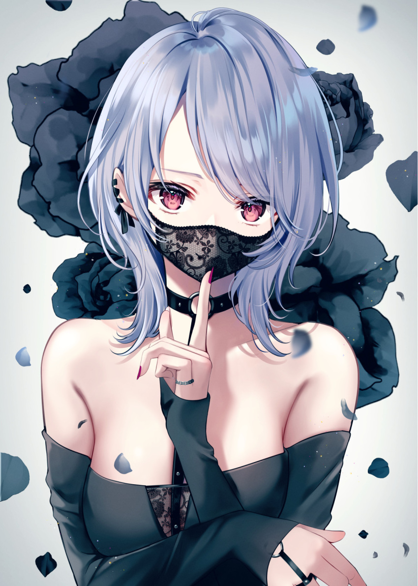 1girl bare_shoulders between_breasts black_flower black_mask black_rose black_shirt breasts choker covered_mouth ear_piercing embroidered falling_petals finger_to_mouth fingernails flower grey_hair highres looking_at_viewer mask medium_breasts mouth_mask nail_polish o-ring o-ring_choker off-shoulder_shirt off_shoulder original petals piercing pinky_ring red_eyes rose shirt solo strap_between_breasts upper_body yugirlpict