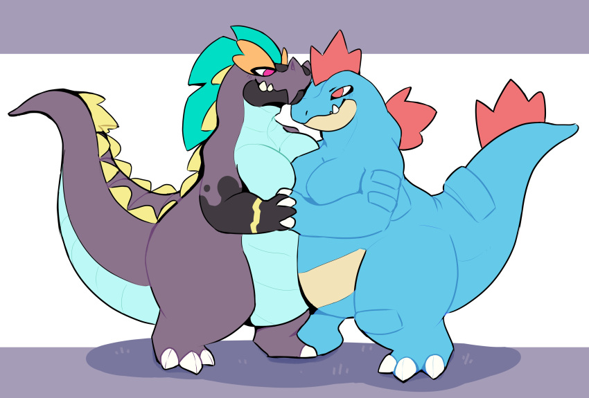 absurd_res anthro back_spikes big_tail blush blush_lines breasts chubby_female claws crema_(company) digital_drawing_(artwork) digital_media_(artwork) duo female female/female feraligatr flat_colors generation_2_pokemon gharunder_(temtem) gravitysinning hand_holding hi_res nintendo pokemon pokemon_(species) reptile scalie slightly_chubby spiked_tail spikes spikes_(anatomy) tail temtem temtem_(species)