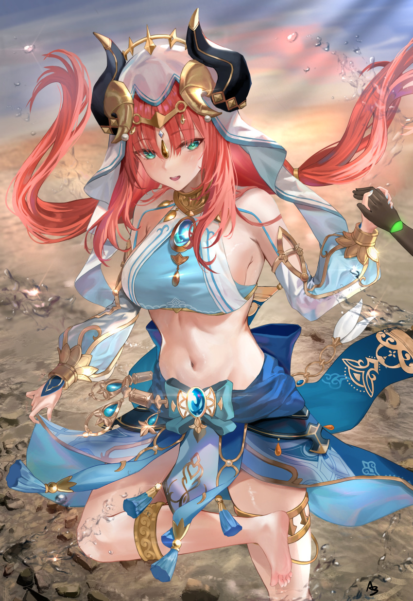 1girl 1other a-by absurdres aqua_eyes barefoot breasts brooch circlet detached_sleeves fake_horns floating_hair foot_up gem genshin_impact glint gold gold_trim hand_up harem_outfit highres holding_hands horns jewelry long_hair low_twintails midriff navel nilou_(genshin_impact) parted_lips puffy_short_sleeves puffy_sleeves red_hair revision short_sleeves sidelocks skirt_hold soles solo_focus stomach tassel thighlet thighs twintails white_veil