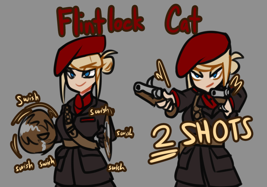 1girl absurdres antique_firearm bandolier belt beret black_coat blonde_hair blue_eyes brown_belt centurii-chan_(artist) coat cosplay dual_wielding english_text firelock flintlock grey_background gun hair_bun hat highres holding metal_gear_(series) metal_gear_solid_3:_snake_eater military_uniform original red_headwear revolver_ocelot revolver_ocelot_(cosplay) solo sound_effects twirling_gun twirling_weapon uniform weapon