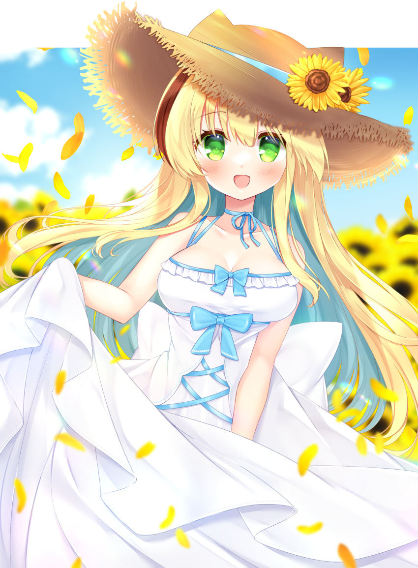1girl :d animal_ears animal_hat blonde_hair blue_bow blue_hair blurry blurry_background blush bow breasts brown_eyes cat_ears cat_hat cleavage collarbone commentary_request depth_of_field dress fake_animal_ears flower frilled_dress frills green_eyes hair_between_eyes hat hat_flower highres large_breasts long_hair looking_at_viewer multicolored_hair original petals shikito skirt_hold sleeveless sleeveless_dress smile solo straw_hat streaked_hair sunflower two-tone_hair very_long_hair white_dress yellow_flower