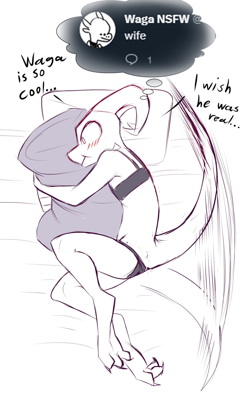 2023 absurd_res anthro bed blush clothed clothing dialogue english_text fantasizing female full-length_portrait furniture hi_res horn jarnqk kobold lya_(jarnqk) lying on_bed on_side pillow pillow_hug portrait scalie side_view sketch solo tail tail_motion tailwag text twitter underwear underwear_only w4g4_(character)