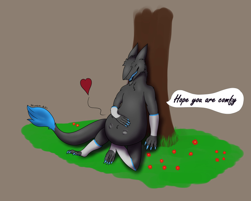 &lt;3 abdominal_bulge absurd_res anthro belly big_belly claws feet flower footprint fur grass hand_on_stomach happy hi_res hunamarts leaning_on_tree male pawprint plant sergal sitting soft_vore solo tail vore