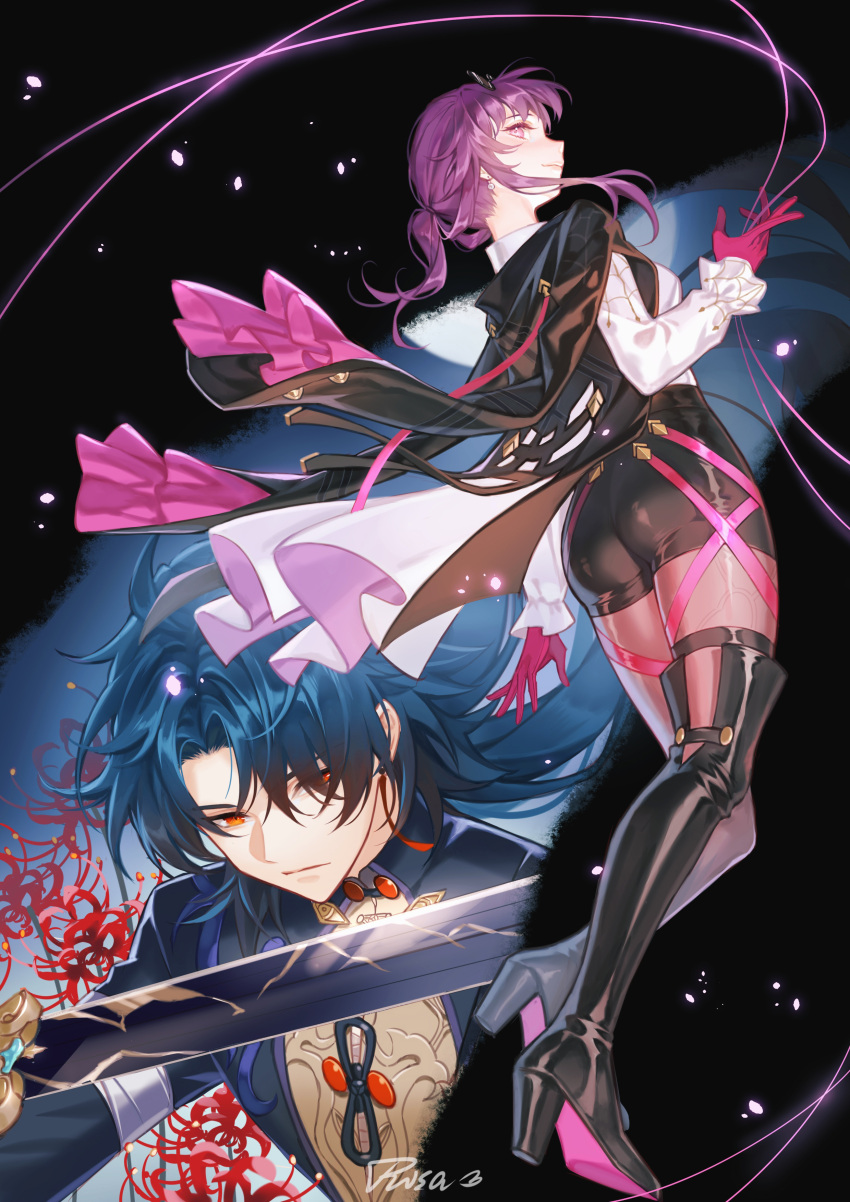 1boy 1girl absurdres ass black_footwear black_hair black_jacket blade_(honkai:_star_rail) boots closed_mouth earrings flower from_behind full_body gloves hair_between_eyes hair_over_one_eye high-waist_shorts highres holding holding_sword holding_weapon honkai:_star_rail honkai_(series) jacket jewelry kafka_(honkai:_star_rail) long_hair long_sleeves looking_back pantyhose pantyhose_under_shorts parted_bangs ponytail purple_eyes purple_gloves purple_hair purple_pantyhose red_eyes red_flower rosa_(user_hrem8745) round_eyewear shirt shorts signature single_thigh_boot smile spider_lily sword tassel tassel_earrings thigh_boots upper_body weapon white_shirt