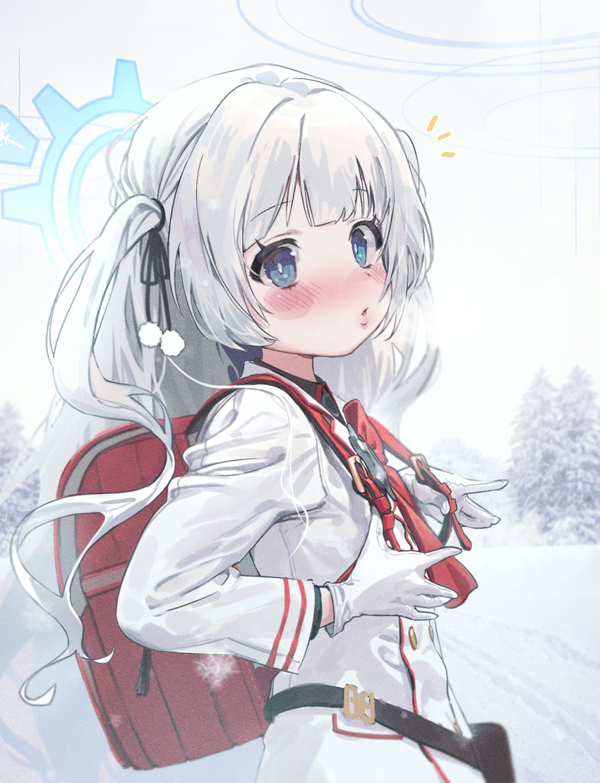1girl backpack bag black_ribbon blue_archive blue_eyes blush cherino_(blue_archive) day dress gloves grey_hair hair_ribbon halo highres long_hair long_sleeves looking_at_viewer msaeng_(00grimza) notice_lines outdoors parted_lips randoseru ribbon snow solo tree two_side_up very_long_hair white_dress white_gloves