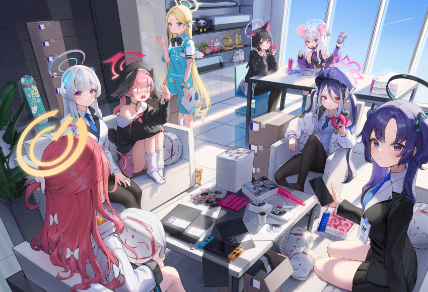 6+girls absurdres animal_ears arona's_sensei_doodle_(blue_archive) beret black_hair blue_archive blue_hair blue_necktie box cardboard_box cat_ears cellphone couch dong_ji doughnut eating food fubuki_(blue_archive) halo hat head_wings highres ipad kazusa_(blue_archive) koharu_(blue_archive) long_hair mouse mouse_ears multiple_girls necktie nintendo_switch noa_(blue_archive) pantyhose peroro_(blue_archive) phone pink_hair police_hat red_hair saya_(blue_archive) sensei_(blue_archive) sitting skateboard smartphone sora_(blue_archive) tablet_pc twintails v white_hair yuuka_(blue_archive) yuzu_(blue_archive)