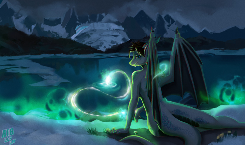 2022 aib_leyley anthro arm_support barely_visible_breasts blue_eyes breasts casual_nudity chromatic_aberration dragon druid energy female green_glow hair hi_res lake legs_together light lighting looking_at_viewer looking_back magic magic_user membrane_(anatomy) membranous_wings mountain night nude outside pupils rear_view scales scalie short_hair sitting sky slit_pupils smile snow solo story story_in_description tribal_spellcaster wide_hips wing_claws wings yoshitoki_(character)