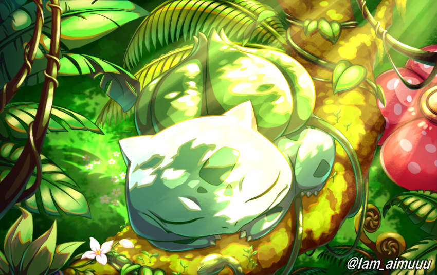 bulbasaur claws closed_eyes closed_mouth flower forest iam_aimuuu in_tree leaf nature no_humans nostrils outdoors plant pokemon pokemon_(creature) sleeping solo_focus tree twitter_username vileplume vines white_flower