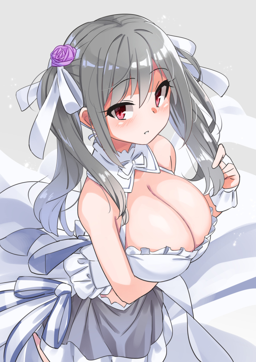 1girl arm_under_breasts bare_shoulders blush breasts cleavage detached_collar dress flower frilled_dress frills from_side grey_background grey_hair hair_flower hair_ornament hair_ribbon highres holding holding_hair idolmaster idolmaster_cinderella_girls idolmaster_cinderella_girls_starlight_stage kanzaki_ranko long_hair looking_at_viewer open_mouth purple_flower purple_rose red_eyes ribbon rose simple_background smile solo twintails white_dress white_ribbon yuuichi_(reductionblack)