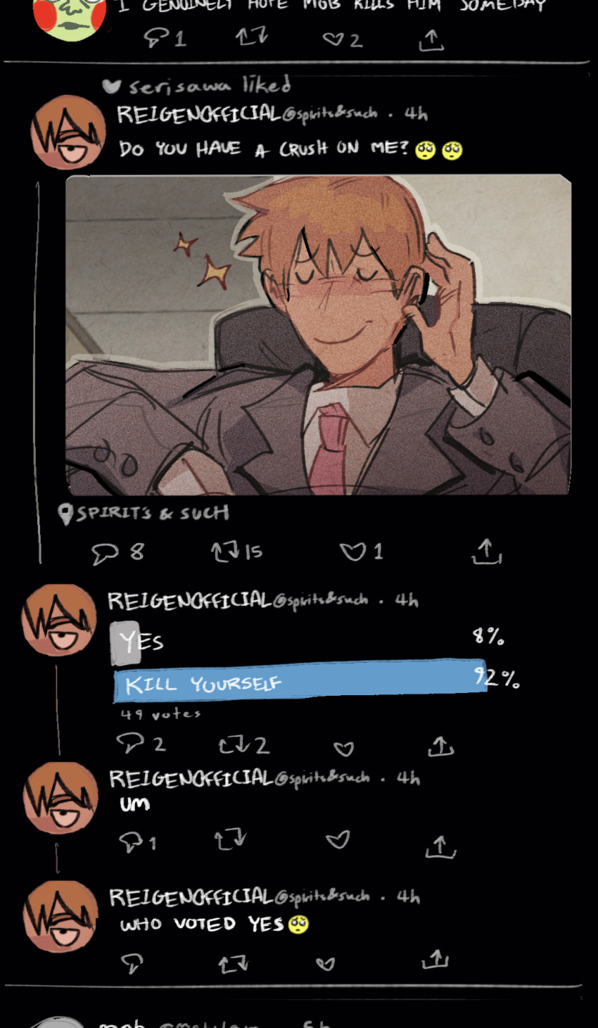 1boy blonde_hair closed_eyes closed_mouth commentary ekubo_(mob_psycho_100) emoji english_commentary english_text fake_screenshot formal highres long_sleeves male_focus mob_psycho_100 mp100days necktie pink_necktie pleading_face_emoji poll reigen_arataka short_hair smile solo suit tweet twitter upper_body