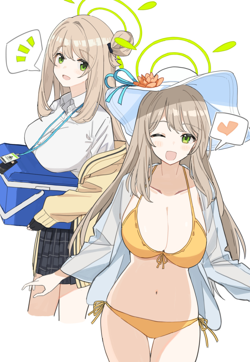 1girl bikini black_gloves blonde_hair blue_archive blush breasts cleavage collared_shirt fingerless_gloves gloves green_eyes hair_bun hat heart highres holding large_breasts long_hair looking_at_viewer multiple_views nonomi_(blue_archive) nonomi_(swimsuit)_(blue_archive) notice_lines off_shoulder one_eye_closed open_clothes open_mouth orange_bikini plaid plaid_skirt see-through see-through_sleeves shiduki_eku shirt simple_background single_side_bun skirt spoken_heart spoken_notice_lines sun_hat swimsuit white_background white_headwear white_shirt