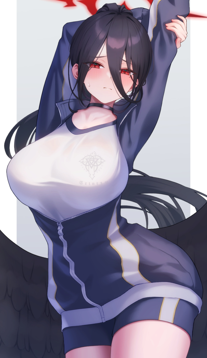 1girl aimo_wotku arms_up black_choker black_hair black_shorts black_wings blue_archive blush breasts choker closed_mouth cowboy_shot gym_shirt gym_shorts gym_uniform halo hasumi_(blue_archive) hasumi_(track)_(blue_archive) highres huge_breasts jacket long_hair long_sleeves looking_at_viewer low_wings mole mole_under_eye official_alternate_costume red_eyes red_halo shirt shorts solo track_jacket very_long_hair white_shirt wings