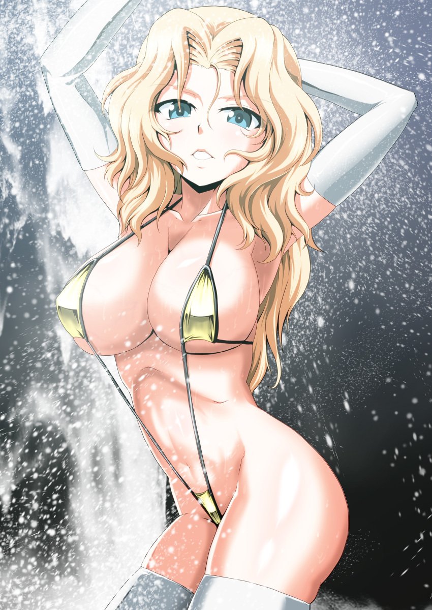 1girl absurdres armpits arms_up blonde_hair blue_eyes breasts cleavage collarbone covered_nipples cowboy_shot elbow_gloves girls_und_panzer gloves gold_one-piece_swimsuit hair_between_eyes hair_intakes highres kamishima_kanon kay_(girls_und_panzer) large_breasts long_hair looking_at_viewer navel one-piece_swimsuit parted_bangs parted_lips revealing_clothes sideboob sideless_outfit slingshot_swimsuit solo strap_gap swimsuit water white_gloves