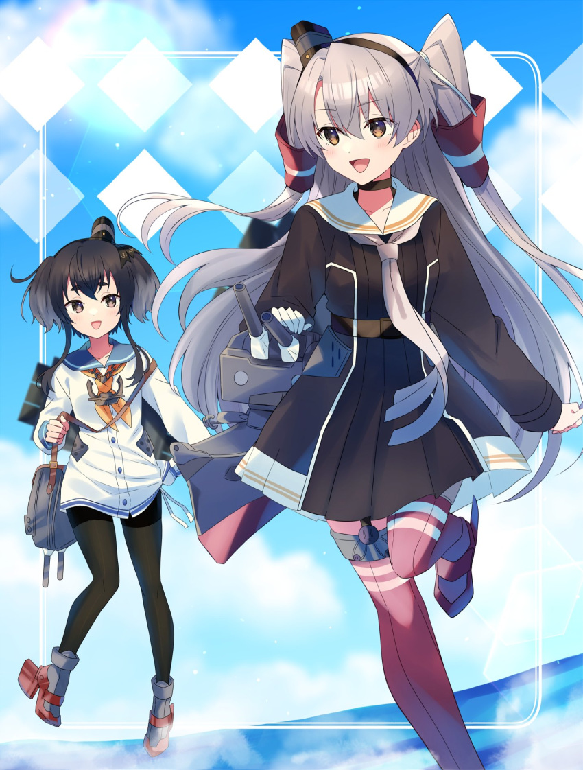 2girls amatsukaze_(kancolle) amatsukaze_kai_ni_(kancolle) anchor_symbol black_hair black_pantyhose blue_sailor_collar blue_sky brown_eyes cloud dress full_body garter_straps gloves gradient_hair grey_hair grey_neckerchief hair_tubes hat highres kantai_collection long_hair machinery mini_hat multicolored_hair multiple_girls neckerchief pantyhose red_thighhighs rensouhou-kun rudder_footwear sailor_collar sailor_dress seamed_legwear short_dress short_hair short_hair_with_long_locks side-seamed_legwear single_glove sky smokestack_hair_ornament striped striped_thighhighs thighhighs tied_dress tokitsukaze_(kancolle) two_side_up white_dress white_gloves white_sailor_collar yellow_neckerchief yukichi_(eikichi)