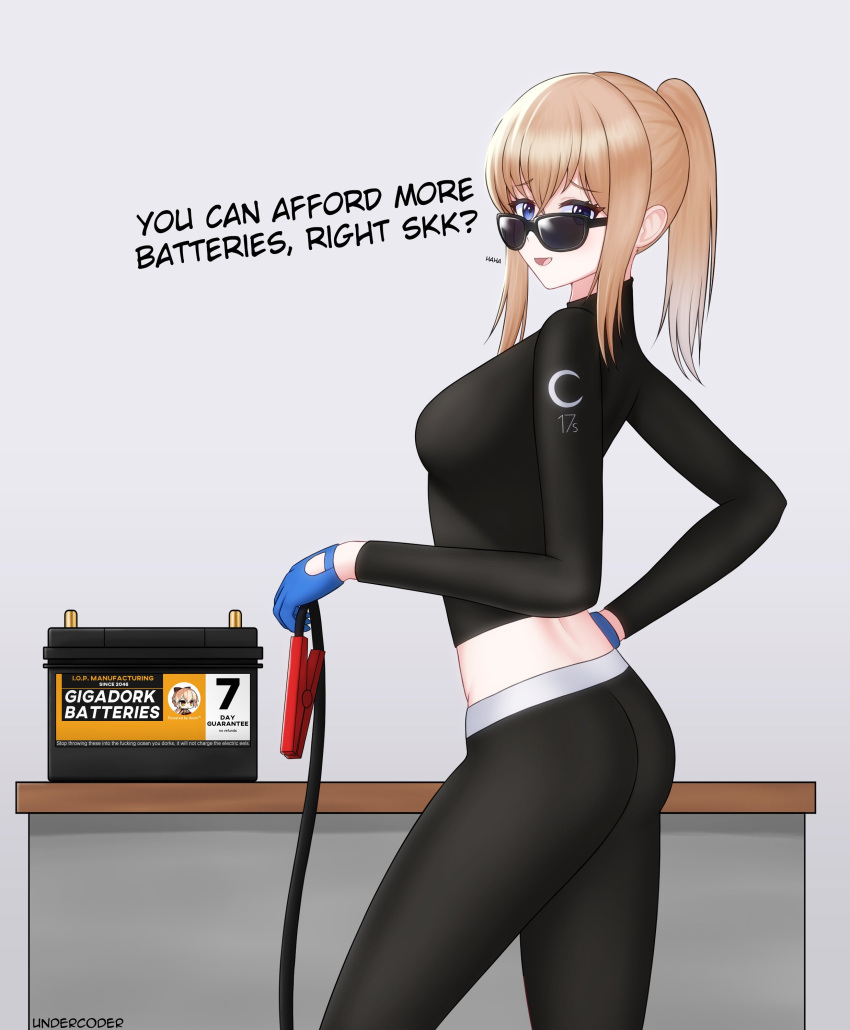 absurdres battery black_leggings blonde_hair blue_eyes blue_gloves cable english_commentary english_text feet_out_of_frame from_side girls'_frontline gloves highres holding holding_cable leggings light_smile long_hair long_sleeves looking_at_another looking_at_viewer looking_to_the_side midriff open_mouth ots-14_(girls'_frontline) ponytail scar-h_(girls'_frontline) shirt standing sunglasses undercoder