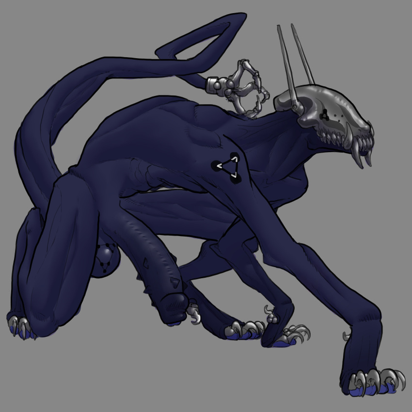 absurd_res all_fours anthro balls big_penis blue_body blue_skin crouching digitigrade fangs genitals handpaw hi_res hindpaw humanoid_genitalia humanoid_penis male monster paws penis solo spiked_penis spikes spikes_(anatomy) tail teeth thecore34 tusks